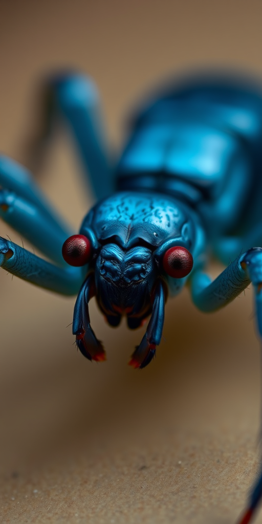 close-up of a stylized blue arachnid with glossy texture and red eyes, soft lighting, high-resolution, 85mm lens, f/2.8, ISO 100, macro photography, DSLR camera, shallow depth of field, smooth gradient background