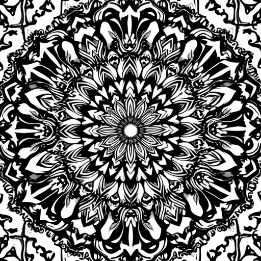 Create an intricate black and white mandala design with detailed patterns and symmetry using a Canon EOS R5 with a 50mm f/1.8 lens, aperture set at f/8, ISO 100, and a top-down view for enhanced clarity and depth.