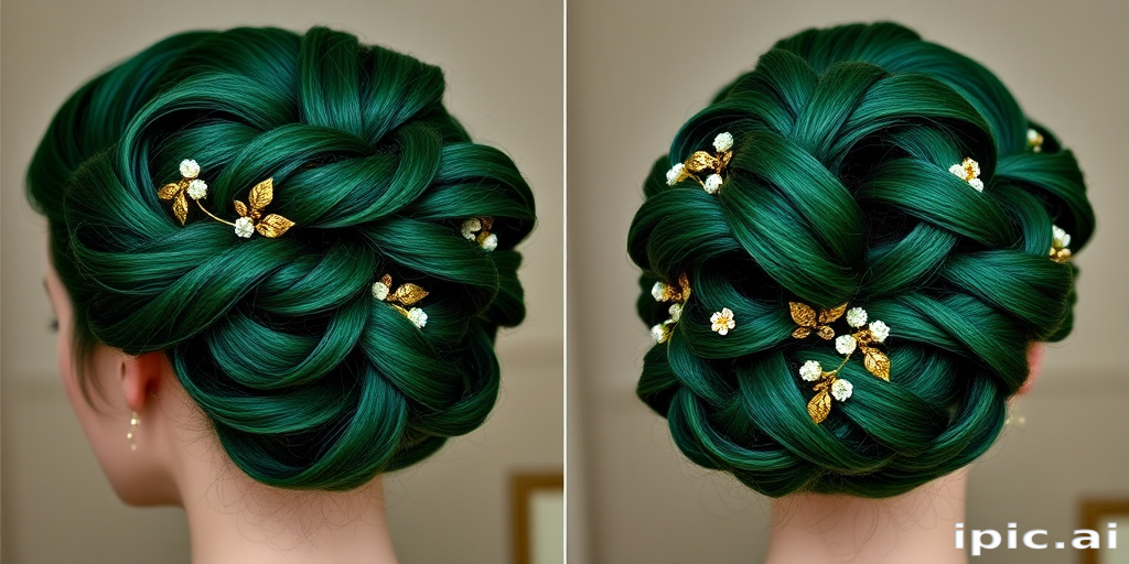 Regal Emerald Green Updo styled into an intricate braided bun, adorned with delicate gold leaf accents and tiny emerald-hued flowers for a majestic appearance