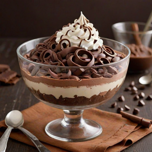 Create an image of a delicious chocolate dessert served in a glass bowl. The dessert should have multiple layers including chocolate mousse, whipped cream, and chocolate shavings. Decorate the top with swirls of cream and pieces of chocolate bars. The background should be dark to highlight the rich colors of the dessert. Include some chocolate pieces and a spoon beside the bowl for presentation.