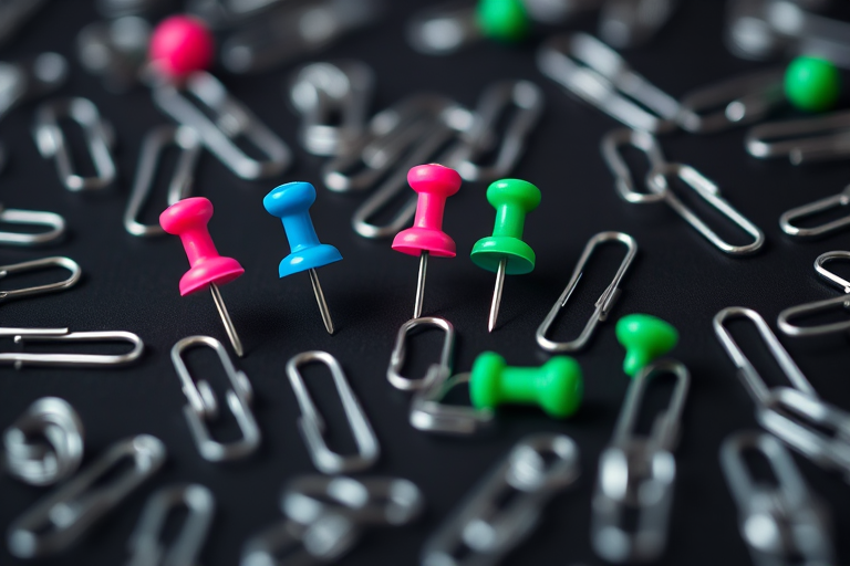 Create a high-resolution image of colorful push pins (pink, blue, green) arranged artfully among silver paperclips on a black background, using a DSLR camera with a 50mm lens at f/2.8, ISO 100, and a shallow depth of field to create a soft background blur.