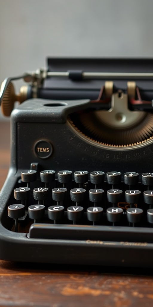 Regenerate a vintage typewriter image, using a Canon EOS R5, 50mm lens, f/1.8 aperture, 1/125s shutter speed, in a frontal view with natural light to enhance details and contrast.