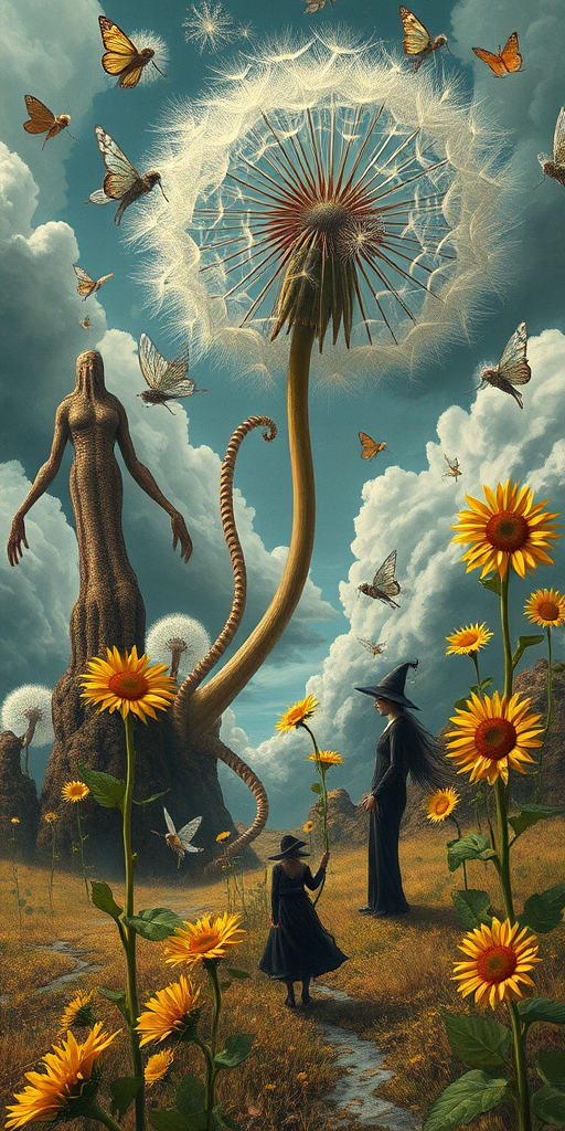 A surreal allegory featuring ethereal fairies, towering sunflowers, and an enigmatic witch, all set within a dreamlike landscape. The scene is dominated by a colossal dandelion, its delicate seeds floating through the air, reminiscent of Yves Tanguy's abstract forms. The environment is a blend of otherworldly elements and natural beauty, with twisted, elongated shapes and surreal colors that evoke a sense of mystery and enchantment.
