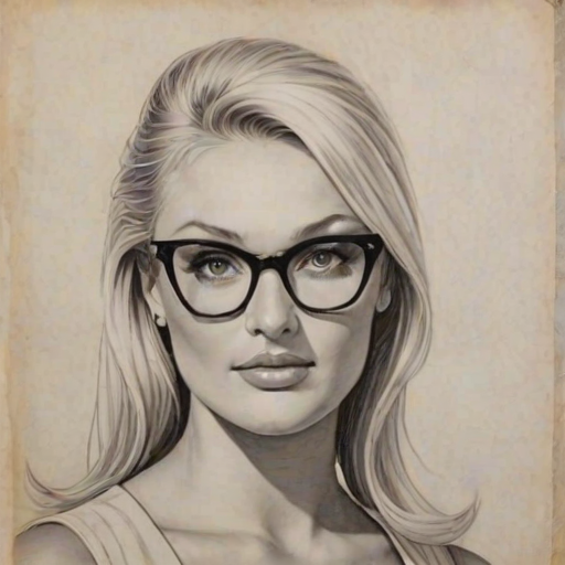 Pleasing Brooke Hogan, pencil sketch, portrait of Radiant woman 1961s in glasses, hair style beatnik, outline, clear lines, fine lines, 8k