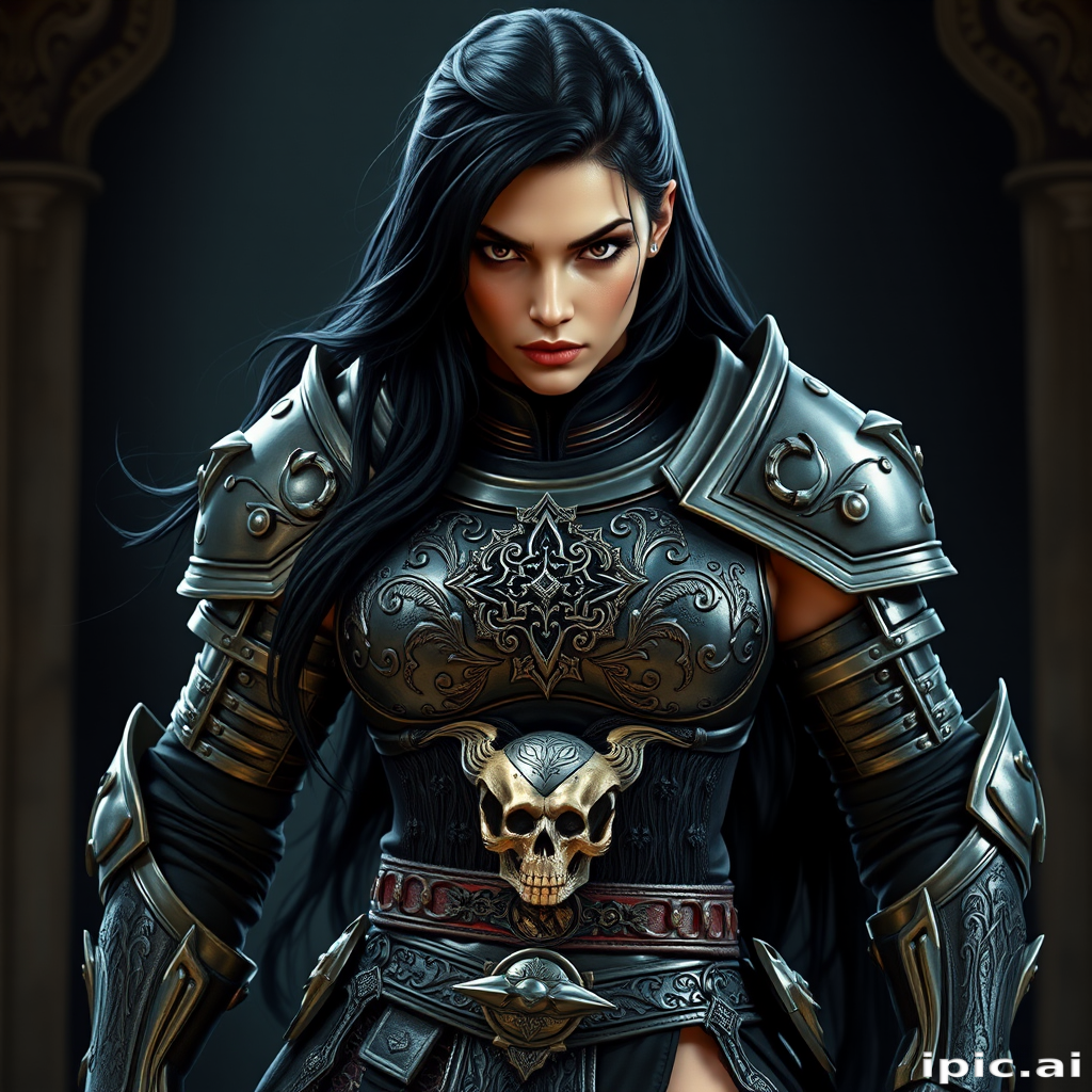 Create a photo of a fierce female warrior with long black hair, wearing an ornate, metallic armor. The armor includes a breastplate with intricate designs, shoulder guards, and gauntlets. The breastplate is decorated with a central emblem, possibly representing a mythical symbol, and has a sculpted, form-fitting design. She wears a belt with a large skull ornament at the center, and her armor extends into a partial skirt, revealing one leg. The overall look is both protective and stylish, with a dark, gothic aesthetic. The background is dimly lit, suggesting a medieval or fantasy setting, enhancing the warrior's imposing presence and intense expression.