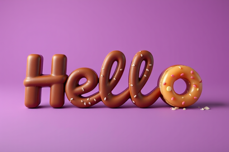 create a 3D rendered image of the word "Hello" made of chocolate and donut textures with a smooth purple background, use a Canon EOS R5 camera, aperture f/8, shutter speed 1/125s, ISO 100, shot from a low angle perspective, soft lighting for enhanced detail and texture.