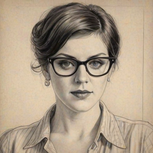 Alluring Melanie Lynskey, pencil sketch, portrait of Dazzling woman 1933s in glasses, hair style beatnik, outline, clear lines, fine lines, 8k