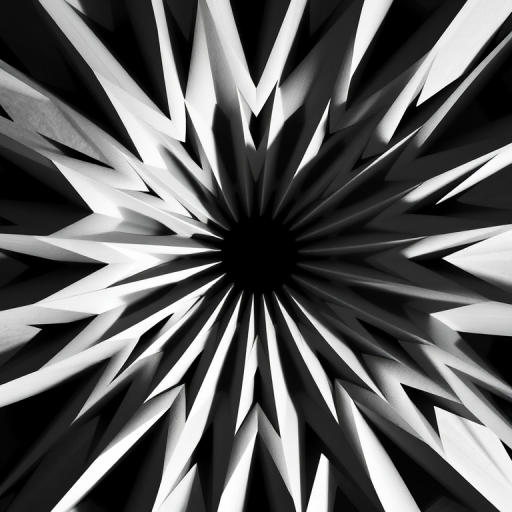 create an explosion of geometric shapes radiating outwards in high contrast black and white, captured with a DSLR camera using a 50mm lens at f/4, ISO 100, shutter speed 1/200s, in a top-down view with a sharp focus and crisp details