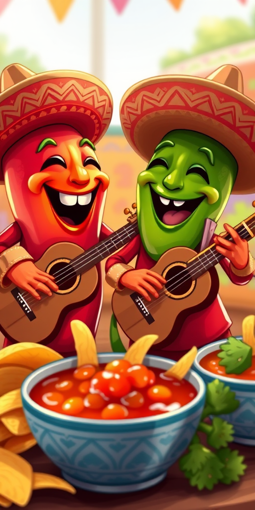 create an illustrated scene of two cartoon chili peppers wearing sombreros, joyfully playing guitars and trumpets surrounded by nachos and a bowl of salsa, with vibrant colors and a festive atmosphere, shot with a 50mm lens at f/2.8 for shallow depth of field, bright daylight setting, high-resolution digital illustration style