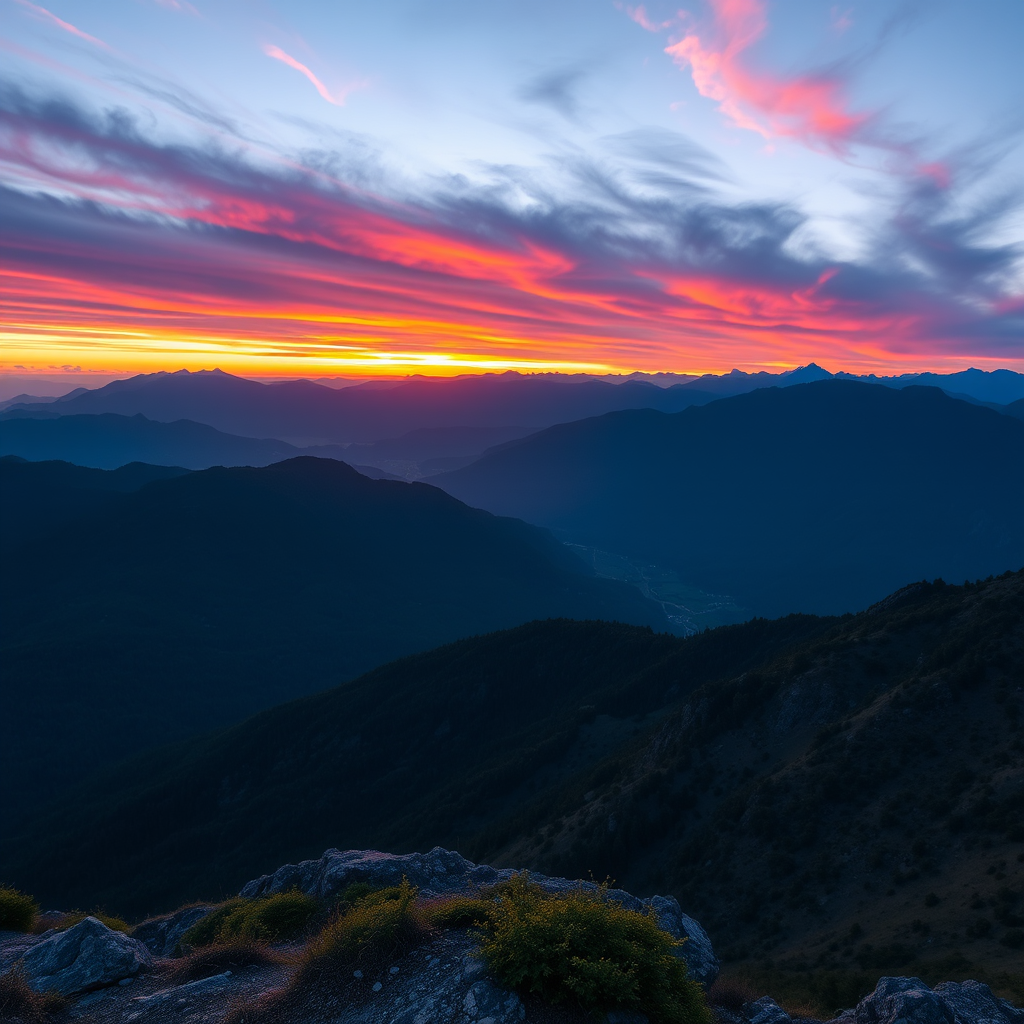 Create a vibrant landscape scene with a sunset over mountains, capture with a Canon EOS R5, 24mm lens, f/8 aperture, ISO 100, 1/125 sec, wide-angle view to emphasize the vastness, and enhance colors in post-processing.