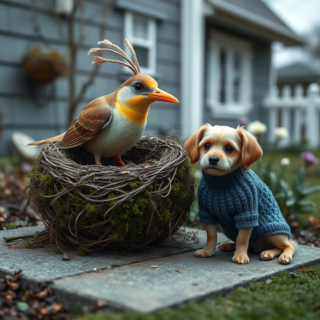 An image of a surreal, whimsical bird, a moss birds nest, sitting nearby is a dog, slightly smiling with a blueberry bobble stitch sweater, muted colors, natural textures, garden at back of house.