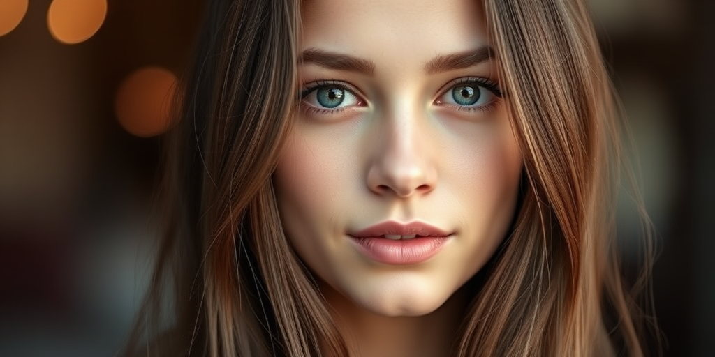 portrait of a young woman with long brown hair and clear skin, soft natural lighting, shallow depth of field, camera settings: f/1.8, ISO 100, shutter speed 1/100s, 85mm lens, captured with a full-frame DSLR, soft focus background and warm bokeh effect