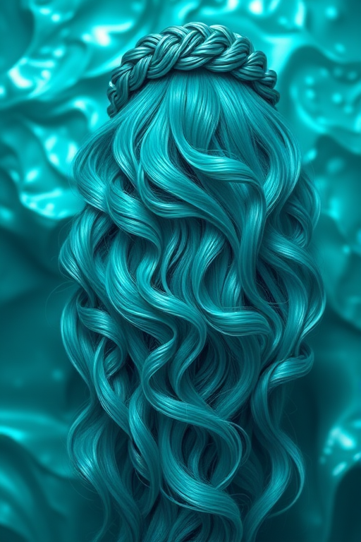 Vibrant teal mermaid waves cascading down to the waist, shimmering with iridescent highlights, creating a mesmerizing oceanic illusion with intricate braided details along the crown