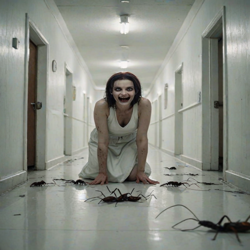 a crooked female with long arms and a creepy smile is crawling along a long white corridor and you can also see cockroaches in it there is a creepy atmosphere creepy art style