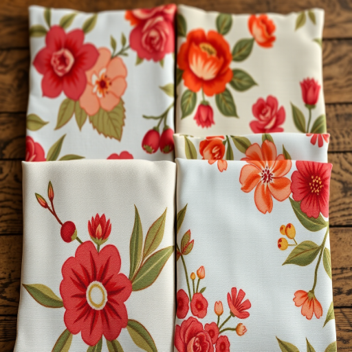 Capture a high-resolution image of four decorative fabric squares featuring floral patterns, arranged in a 2x2 grid; use a DSLR camera with a 50mm lens, aperture set to f/2.8 for shallow depth of field, ISO 200 for clarity, and natural lighting to enhance colors and textures.