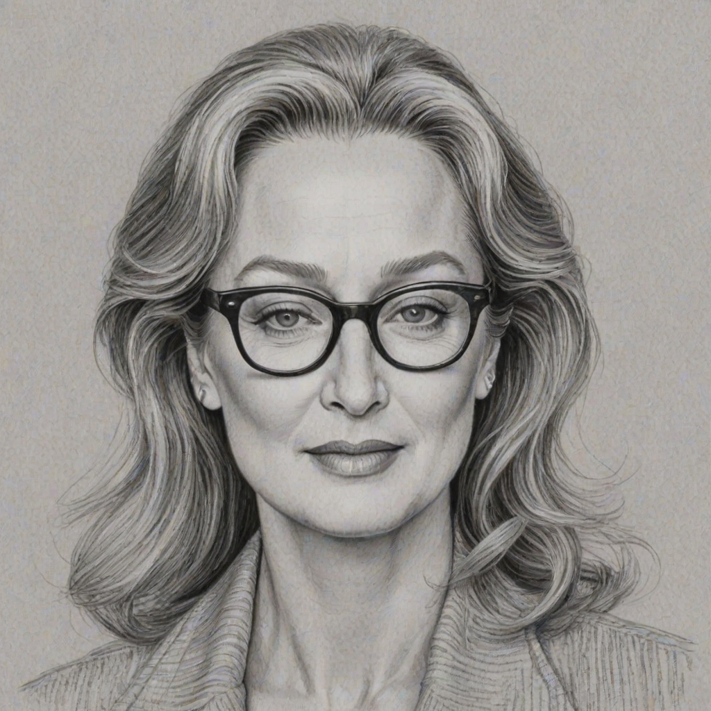 Sublime Meryl Streep, pencil sketch, portrait of Wonderful woman 1977s in glasses, hair style beatnik, outline, clear lines, fine lines, 8k