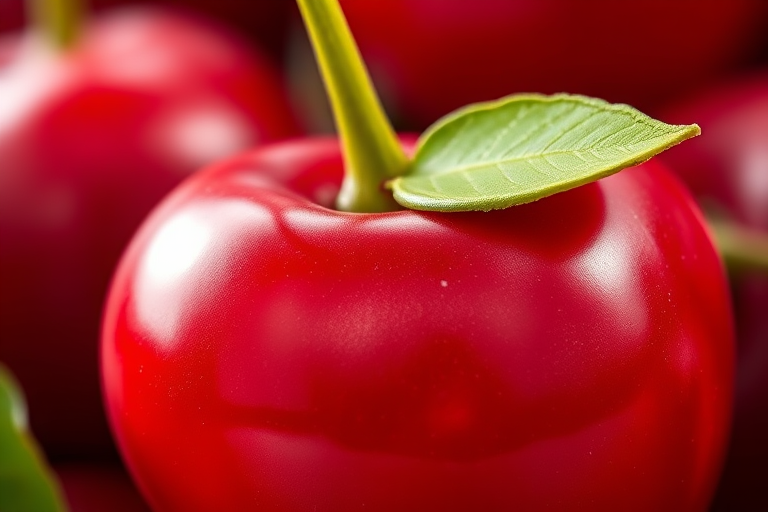 create a vibrant, high-resolution illustration of a single cherry with a green leaf, using a macro lens setting at f/2.8, ISO 100, 1/200 sec shutter speed, focused closely to emphasize vivid colors and textures, with soft natural lighting to enhance the glossy surface of the cherry, in a digital art style