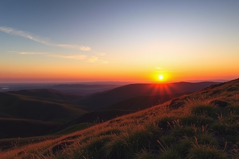 Generate a high-resolution image of a serene landscape featuring rolling hills and a vibrant sunset, 50mm lens, aperture f/8, ISO 200, shot from a low angle to capture foreground details, DSLR camera with a wide dynamic range setting.