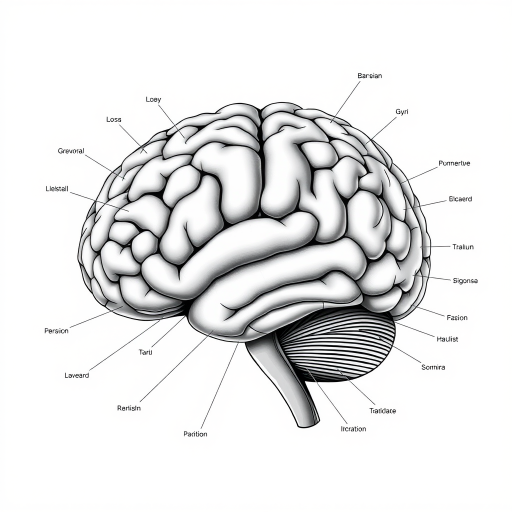 Generate a high-resolution diagram of the human brain with labeled lobes and gyri, using a Canon EOS R5 with a 50mm lens, f/2.8 aperture, and ISO 100, in a high-contrast, detailed illustration style.