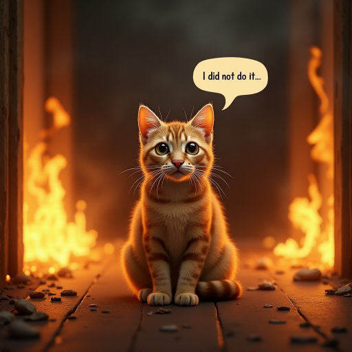 Photorealistic image of an innocent-looking cat sitting calmly in the middle of a burning room. Flames engulf the room, with fire licking up the walls and smoke filling the air. The cat is sitting on the floor, looking directly at the viewer with wide, innocent eyes. Above the cat, a speech bubble says "I did not do it" The contrast between the cat's calm demeanor and the chaos around it creates a humorous and surreal scene.