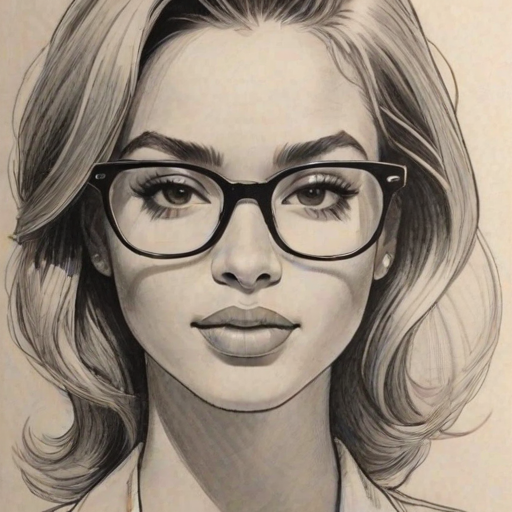 Delightful DaniLeigh, pencil sketch, portrait of Attractive woman 1966s in glasses, hair style beatnik, outline, clear lines, fine lines, 8k