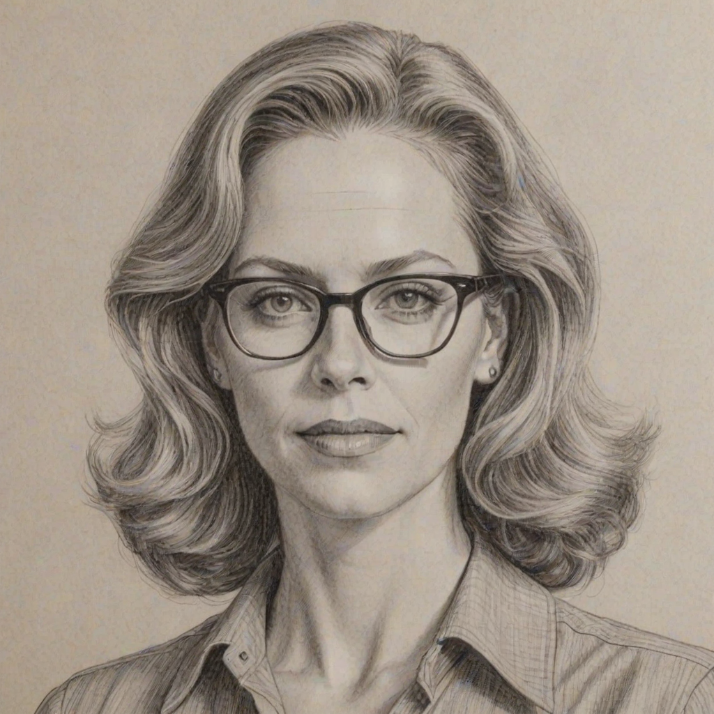 Appealing Ally Walker, pencil sketch, portrait of Resplendent woman 1943s in glasses, hair style beatnik, outline, clear lines, fine lines, 8k