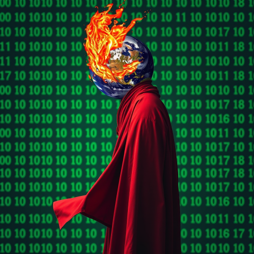 Create an image of a figure in a flowing red robe with a melting Earth for a head, set against a backdrop of green binary numbers, captured with a DSLR camera at f/1.8 aperture, ISO 100, 50mm lens, in a high dynamic range style to enhance detail and contrast.