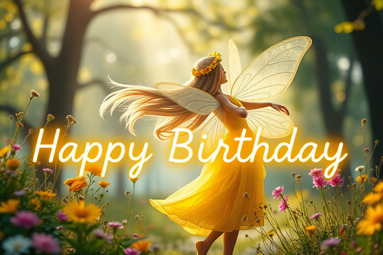 Create a serene fantasy scene featuring a fairy with long flowing hair, wearing a yellow dress and a flower crown, surrounded by wildflowers and soft sunlight filtering through trees, include the text "Happy Birthday" in glowing letters, shot with a Canon EOS R5, 50mm lens, f/1.8, ISO 100, in a vibrant, dreamlike style.