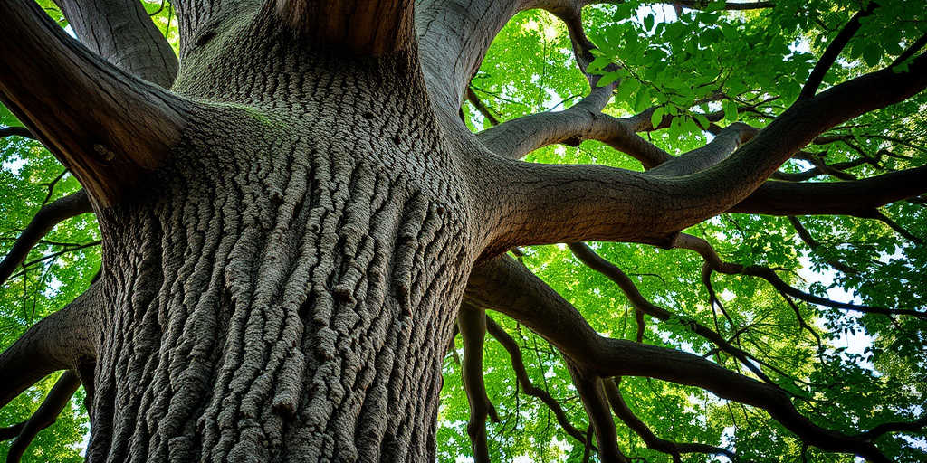 high-resolution close-up of a large tree trunk with sprawling branches and lush green leaves, taken with a DSLR camera, f/4 aperture, ISO 100, 50mm lens, natural lighting, focus on bark texture and branch detail