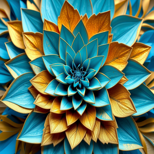 Create a vibrant, intricate floral design featuring layered paper textures in shades of blue and gold, shot with a 50mm lens at f/2.8, ISO 100, in natural soft lighting, using a DSLR camera with a macro view to capture fine details.