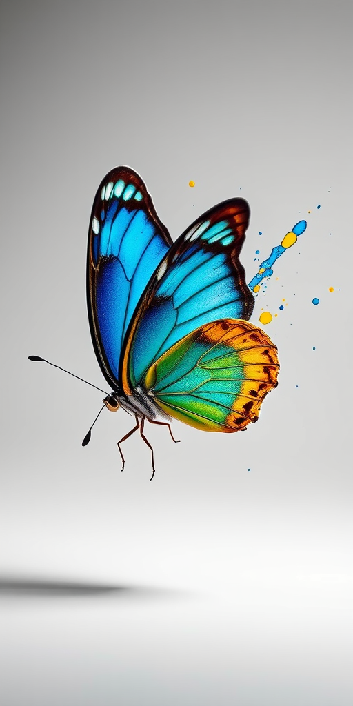 Create a high-resolution image of a vibrant blue and yellow butterfly with a dynamic splash of paint effect, captured with a Canon EOS R5 at f/2.8, ISO 100, 1/250s in a studio setting with soft diffused lighting for enhanced detail and clarity.