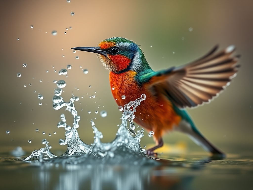 a vibrant bird splashing in water with droplets flying around, captured with a Canon EOS R5, 85mm lens, f/1.8 aperture, ISO 200, shutter speed 1/500s, soft bokeh background for enhanced depth, high dynamic range lighting to accentuate colors and details