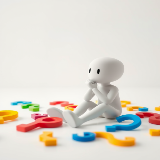 Create an image of a 3D figure sitting on the ground with a thoughtful expression surrounded by colorful question marks in a bright, minimalist environment, captured with a Canon EOS R5 at f/2.8, ISO 100, 1/125 sec, in a soft focus style.