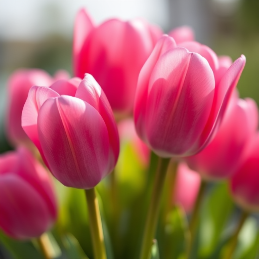 close-up of vibrant pink tulips with soft blurred background, shallow depth of field, f/2.8, ISO 100, 50mm lens, natural light, DSLR camera