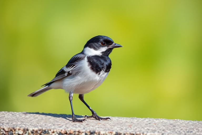 A close-up photograph of a black and white bird standing on a textured surface with a blurred green background, captured with a DSLR camera at f/2.8 aperture, 1/500 sec shutter speed, ISO 200, 50mm lens, with a natural light setting for soft shadows.