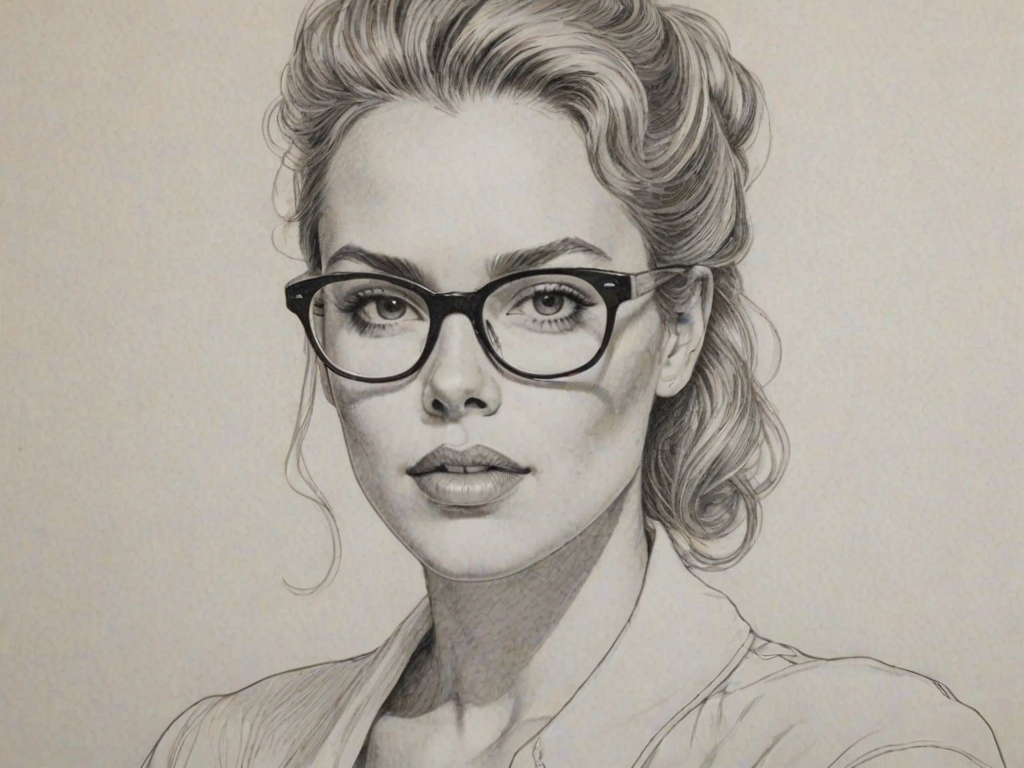 Wonderful Agnes Bruckner, pencil sketch, portrait of Graceful woman 1980s in glasses, hair style beatnik, outline, clear lines, fine lines, 8k