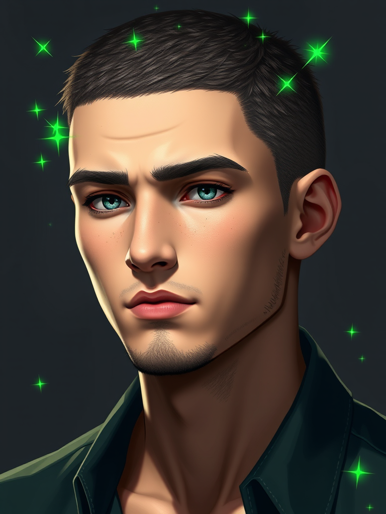 regenerate the image of a male character with a short haircut and a neutral expression, with green sparkles around the head, using a 50mm lens, f/2.8 aperture, ISO 100, studio lighting, captured in a digital art style, portrait orientation