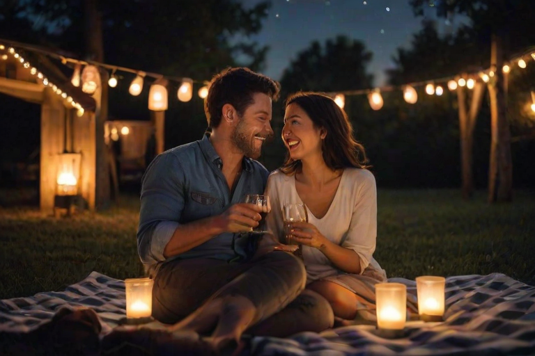 Warmly lit image of a couple sitting on a blanket under the stars, sharing a bottle of wine, soft glow from nearby lanterns illuminating their smiles, with the distant sound of crickets filling the night air.