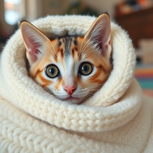 A cute cat with large, expressive eyes wrapped in a soft, fluffy white blanket, looking curiously at the camera, with a cozy indoor setting.
