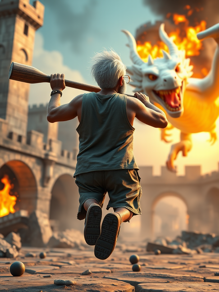 Cartoon 3D High-Resolution,dynamic battle scene using Unreal Engine 5 and Octane Render. The scene features back of an elderly, thai man with a beard,messy hair and round golden-rimmed glasses. He is wearing a tattered tank top with soot marks, shorts, and sandals. sweating. he wields a baseball bat. He jump to fight with a white fire-breathing Europe dragon amidst a partially destroyed stone castle. Include intense flames, smoke, and debris to enhance the dramatic effect.