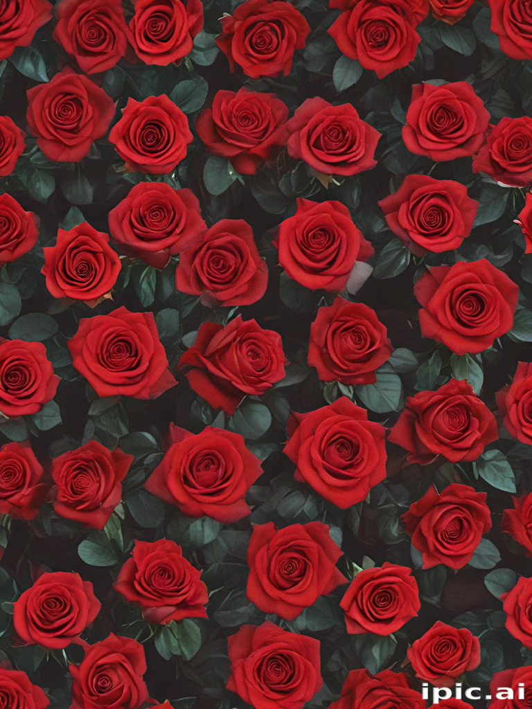 A Beautiful Arrangement of Lush Red Roses on Dark Green Background.