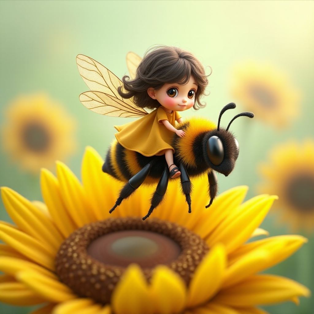 a whimsical cute girl with big eyes, big hair and flowing dress, riding astride a bumble bee, and flying across the top of the sunflower, which are just waking up, and catching dew drop of rain