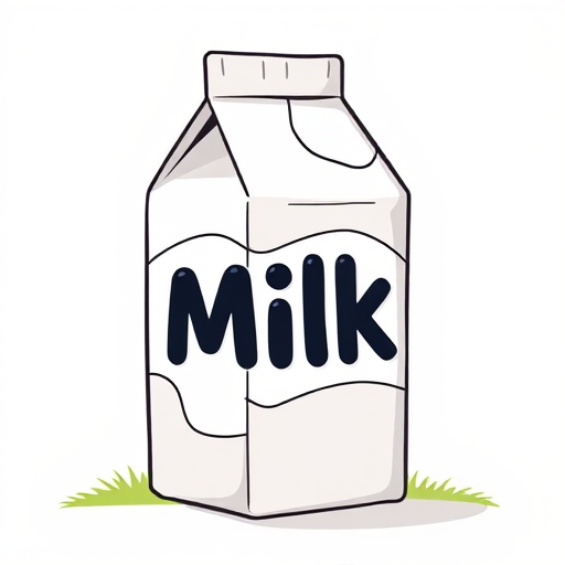 Generate a high-resolution illustration of a cartoon-style milk carton with bold lettering, using a Canon EOS R5 camera with a 50mm f/1.8 lens, shot at f/2.8, ISO 100, and a slight top-down angle for depth and clarity.