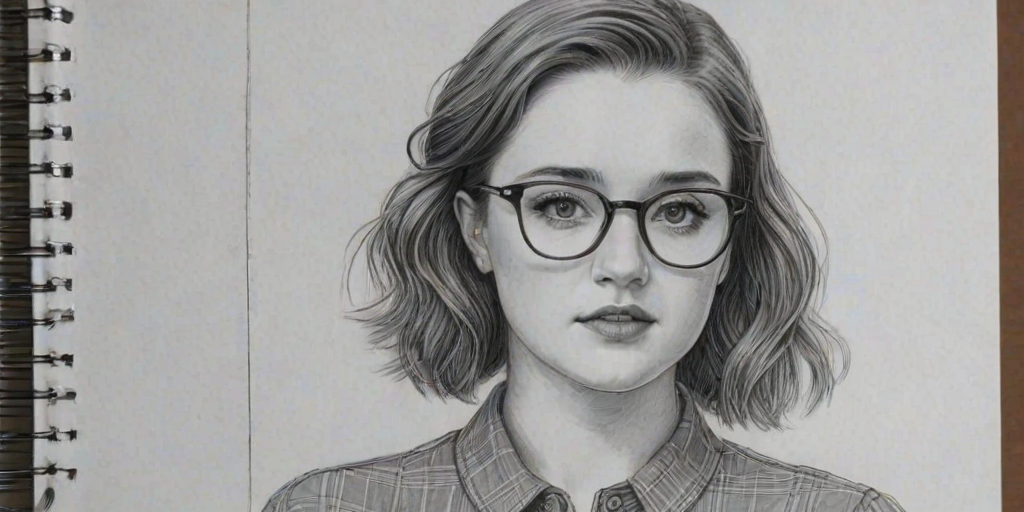 Comely Kaitlyn Dever, pencil sketch, portrait of Graceful woman 1931s in glasses, hair style beatnik, outline, clear lines, fine lines, 8k