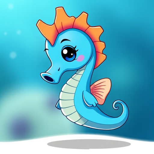 Create a digital illustration of a cute cartoon sea creature resembling a sea horse, using vibrant blue colors, showcasing a friendly expression, in a playful pose, shot with a Canon EOS R5, 50mm lens, f/2.8 aperture, ISO 100, in natural lighting for an enhanced vibrant quality.