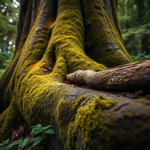 capture a close-up of a large, moss-covered tree trunk with a fallen log in a lush forest setting, use a DSLR camera with a 50mm f/1.8 lens, aperture f/8.0, ISO 200, and a shallow depth of field to enhance the textures of the bark and foliage while keeping the background softly blurred