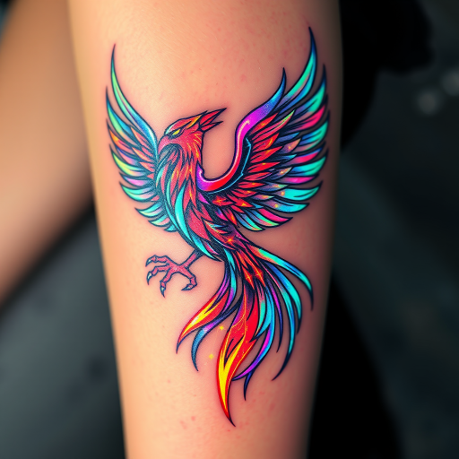 Futuristic holographic tattoo showcasing a cybernetic phoenix rising from digital flames, rendered with specially formulated inks that shimmer and change color under different lighting conditions