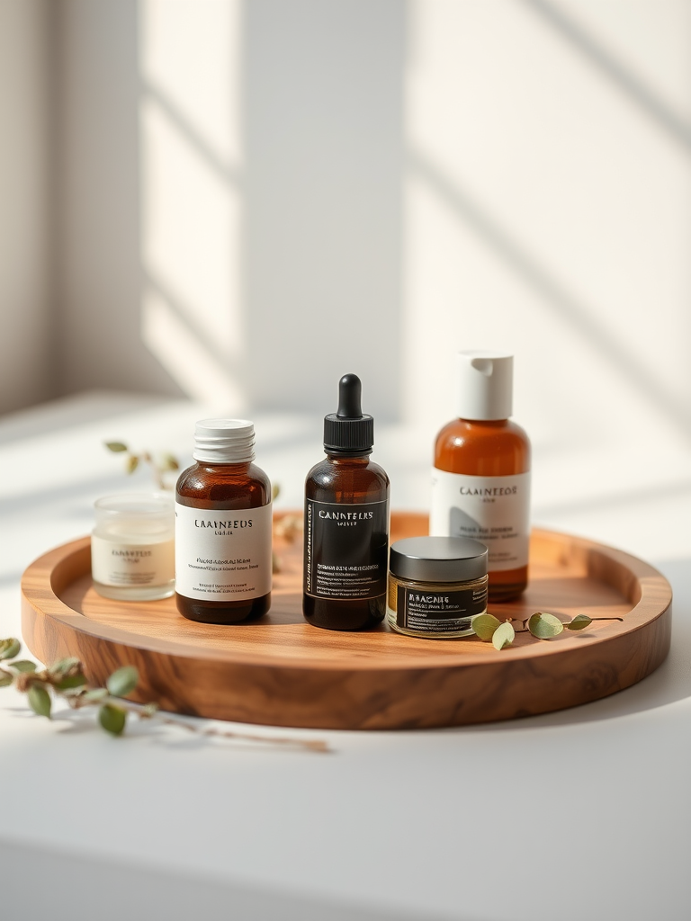 Create a minimalist still life of natural skincare products arranged on a circular wooden tray with soft natural lighting, using a DSLR camera with 50mm lens, f/2.8 aperture, ISO 100, and a shallow depth of field to enhance detail and softness in the background.