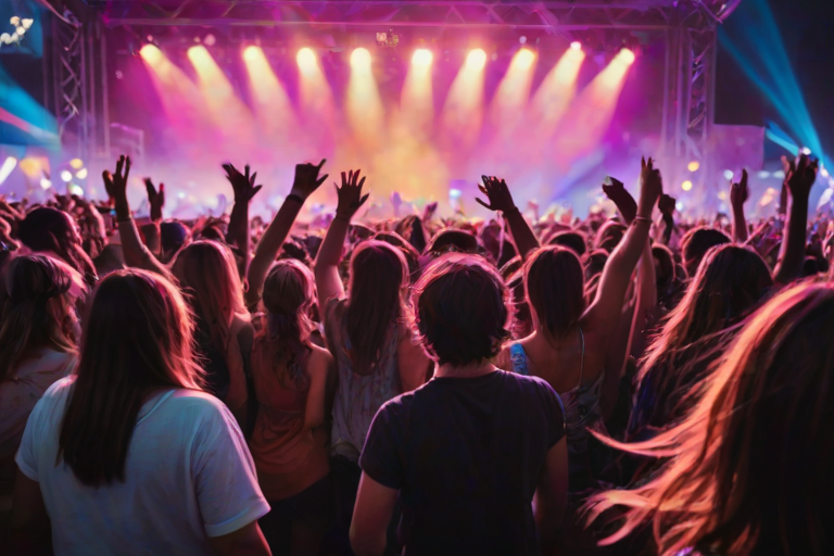 Vibrant music festival, with people dancing, colorful lights illuminating the stage, and musicians performing, capturing the energy and excitement of the event.