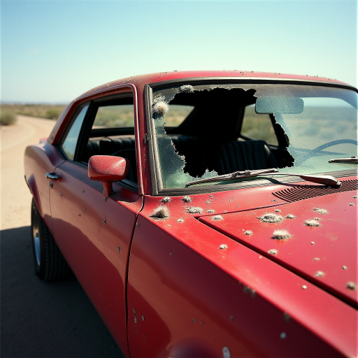 A red car riddled with bullet holes and shattered windows, parked under clear skies in an open area.